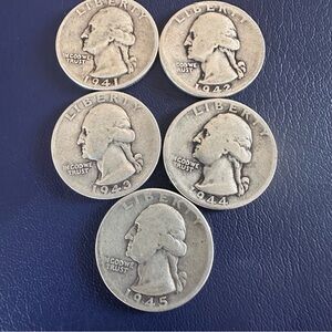 Vintage Washington Quarters Lot (1941–1945) – 5 Coin Set – WWII Era